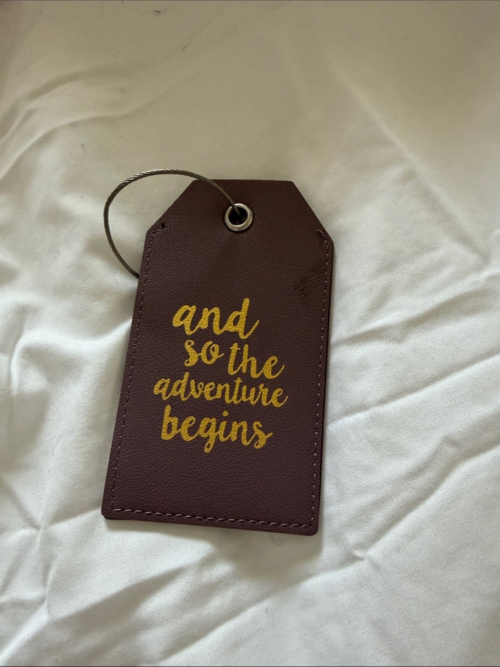 Maroon Luggage Tag with Gold Script - "And So The Adventure Begins"